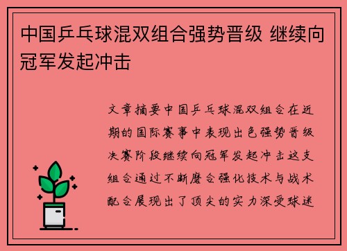 中国乒乓球混双组合强势晋级 继续向冠军发起冲击