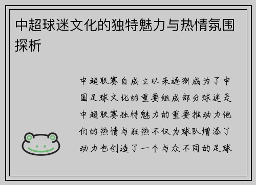 中超球迷文化的独特魅力与热情氛围探析